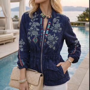 JOHNNY WAS Milton Embroidered Jacket Medium Floral‎ Aztec Tribal Cardigan Boho